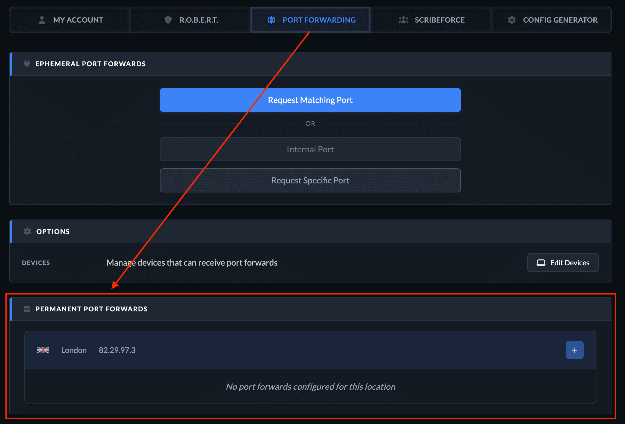Permanent Port Forwarding Section