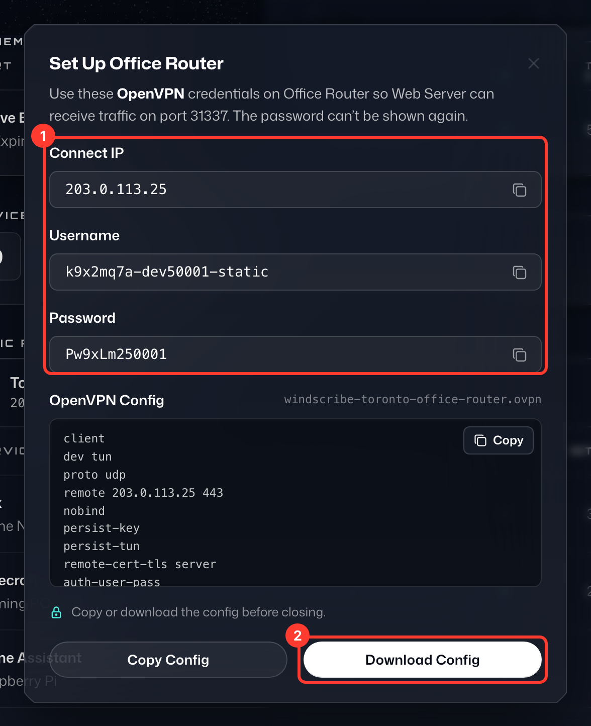 Set Up window with the device credentials (1) and Download Config (2) highlighted